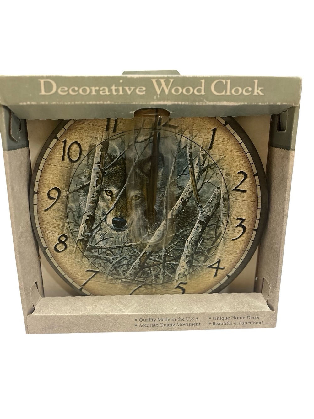 Vtg Highland Graphic David Wenzel Wooden Lone Wolf Wall Clock NIB Dorm Man Cave